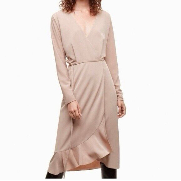 Aritzia Dresses & Skirts - Aritzia Wilfred Josie Wrap Crepe Midi Dress in Soft Tan Pink Size S